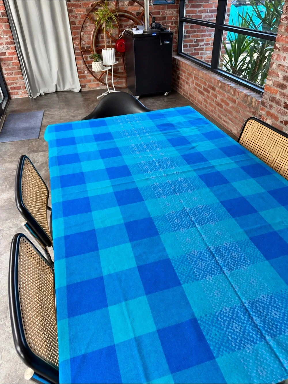 Vintage 1970s Almedahls Swedish Blue Plaid Jacquard Tablecloth 72x51